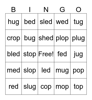 Sort 30: -ed, -op, -ug Bingo Card