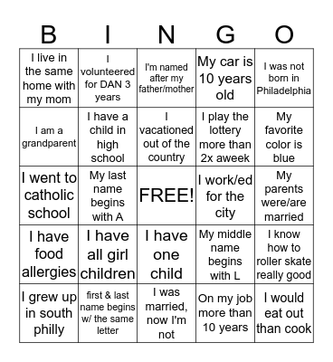 Getting To Know You Bingo Card