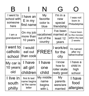 Getting To Know You Bingo Card