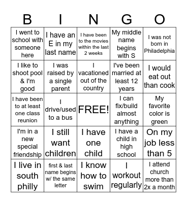 Getting To Know You Bingo Card