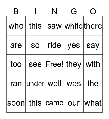 Sight Words Bingo Card