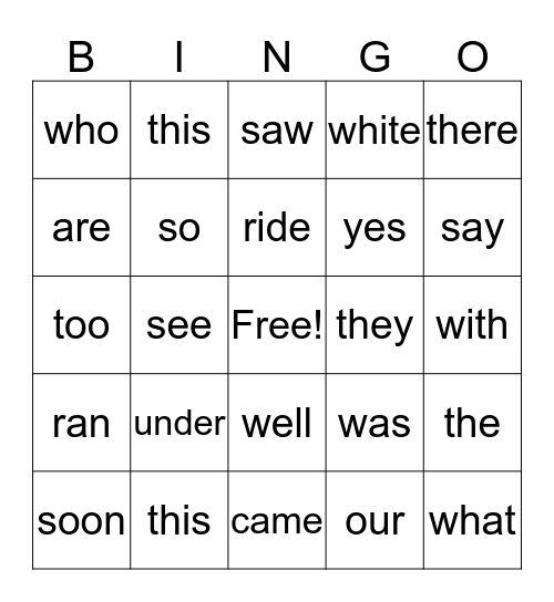 Sight Words Bingo Card