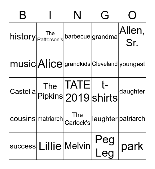 TATE FAMILY REUNION Bingo Card