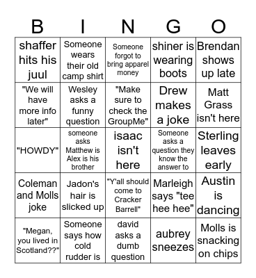 Camp Berry Camp Time Bingo Card