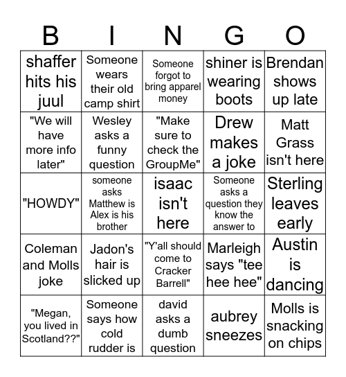 Camp Berry Camp Time Bingo Card