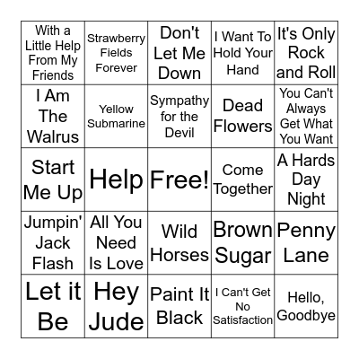 Beatles VS The Rolling Stones Bingo Card