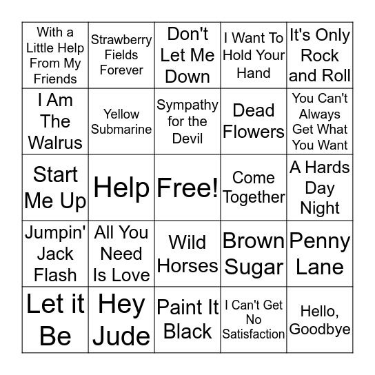 Beatles VS The Rolling Stones Bingo Card