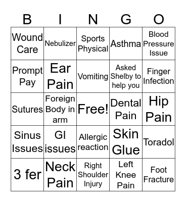 Walk In Clinic Bingo Card