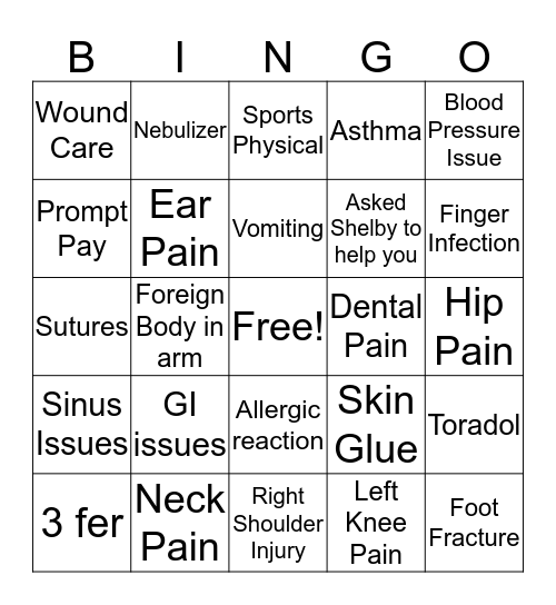 Walk In Clinic Bingo Card