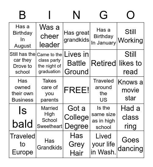 50th Class Reunion Bingo Card