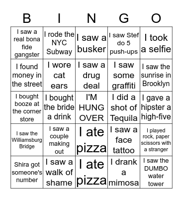 Stef's Brooklyn Bachelorette Bingo Card