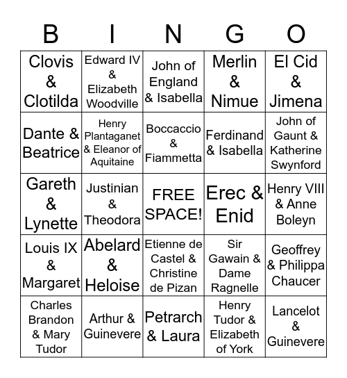 Medieval Couples Bingo Card