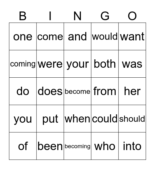 High Frequency Word  Bingo Card