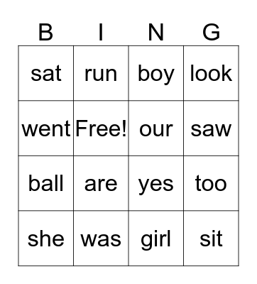 Sight Words Bingo Card
