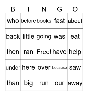 Sight Words Bingo Card