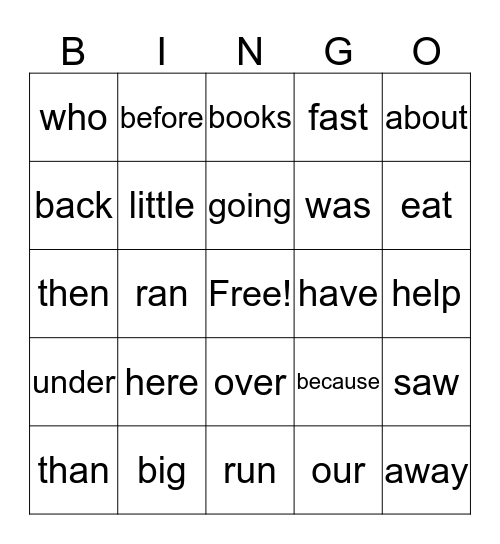 Sight Words Bingo Card