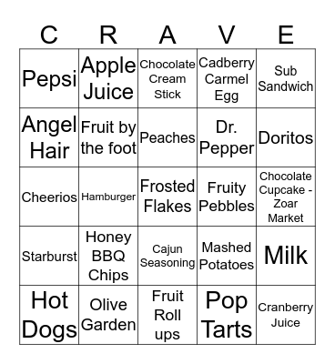 Tammi's Cravings Bingo Card