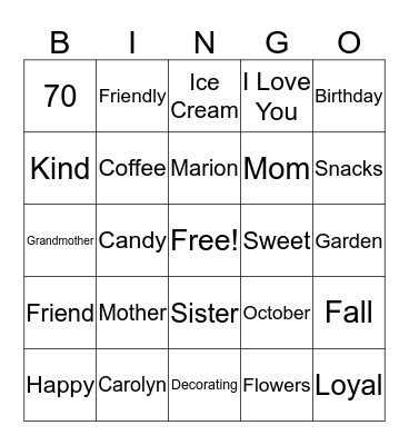 Happy 70th Birthday Bingo Card