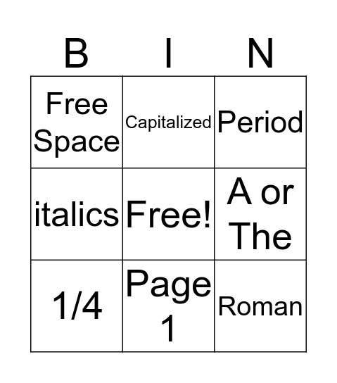 Headings and Titles Bingo Card