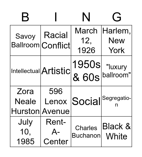 The Savoy Ballroom Bingo Card