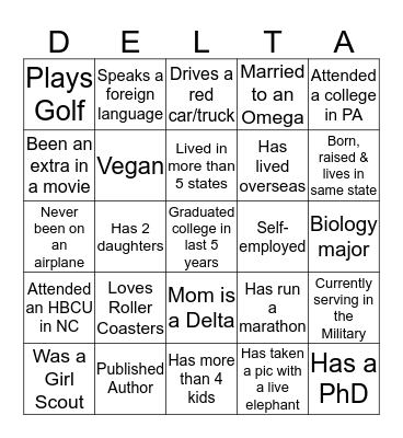 DELTA Bingo Card