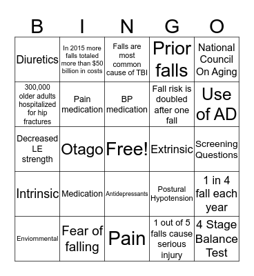 Falls Prevention Bingo Card