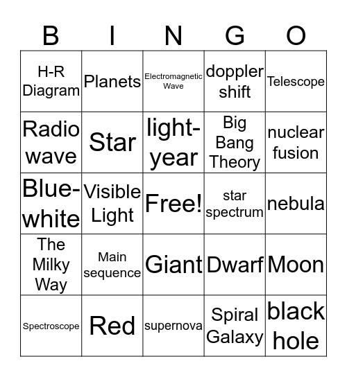 Universe Bingo Card