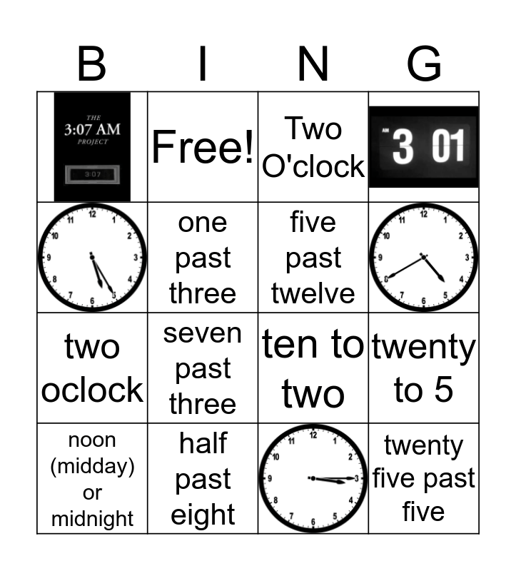 Time find the clock and description Bingo Card