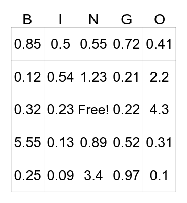 Decimal Money Bingo Card