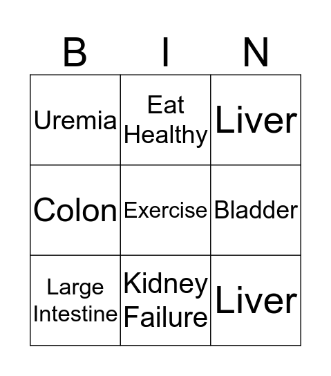 Excretory System Bingo Card