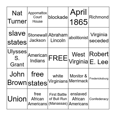 Civil War Bingo Card