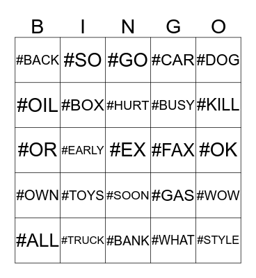 Lexicalized Bingo! Bingo Card