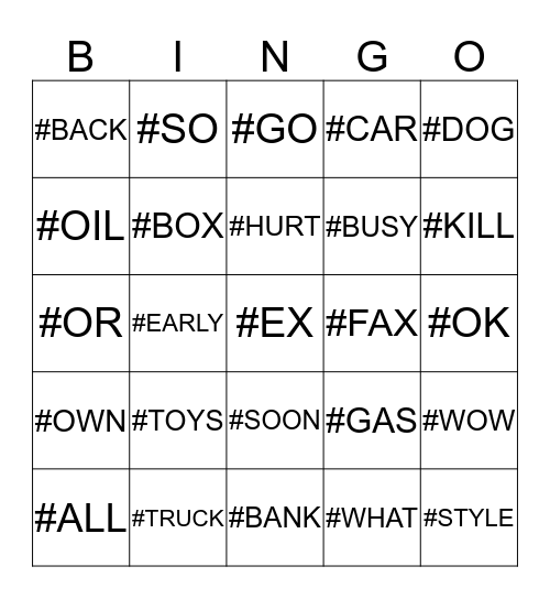 Lexicalized Bingo! Bingo Card