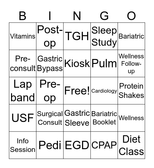 Bariatric Bingo Card