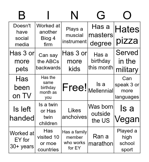 Human Bingo: Find a Colleague who..... Bingo Card