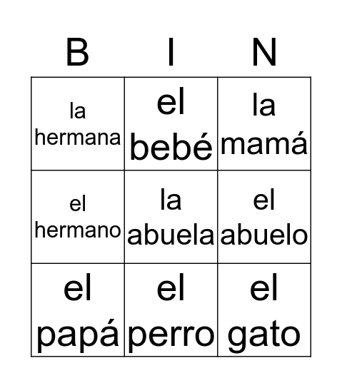 La familia Bingo Card