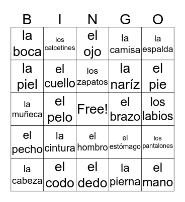 Partes del cuerpo Bingo Card