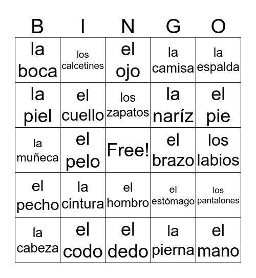 Partes del cuerpo Bingo Card