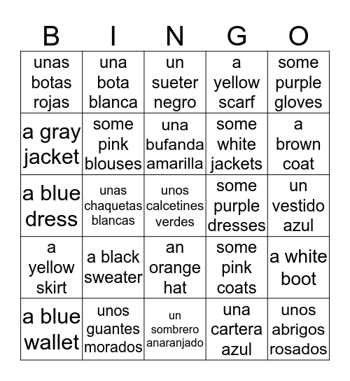 La ropa Bingo Card