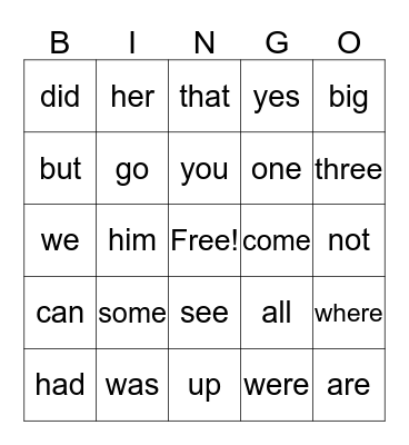 Sight Words Bingo Card