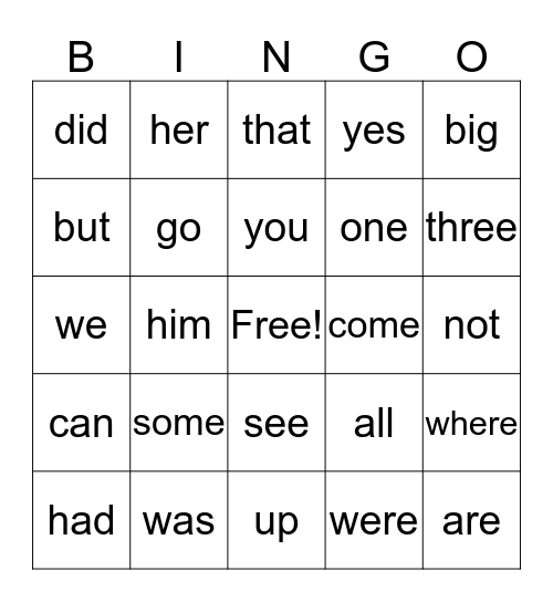 Sight Words Bingo Card