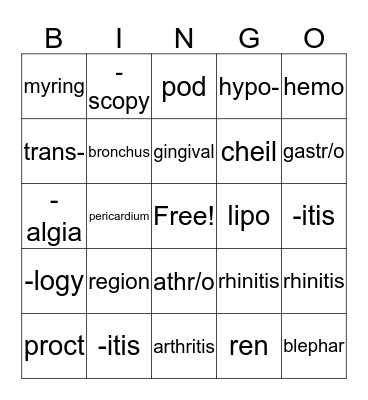 Medical Terminology Bingo Card
