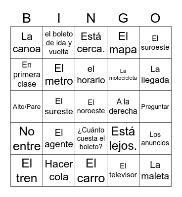 Spanish 1 Quarter 4 Topic 2 (Travel) Bingo Card