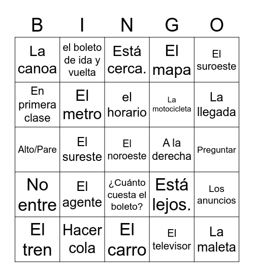 Spanish 1 Quarter 4 Topic 2 (Travel) Bingo Card