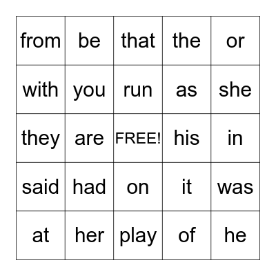 Sight Words BINGO Card