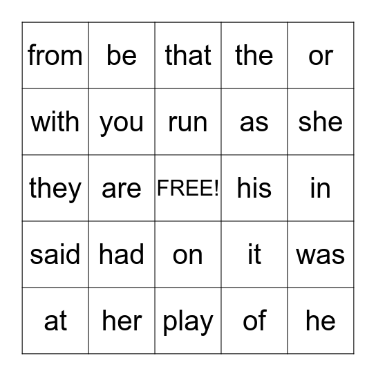 Sight Words BINGO Card