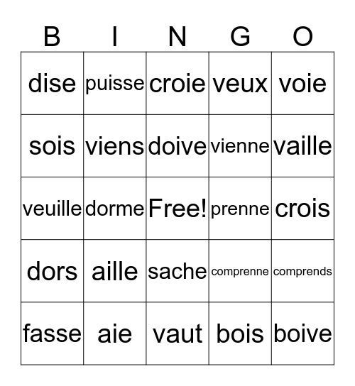 Le Subjonctif Bingo Card
