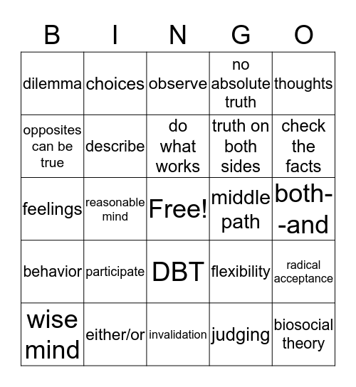 DBT bingo Card