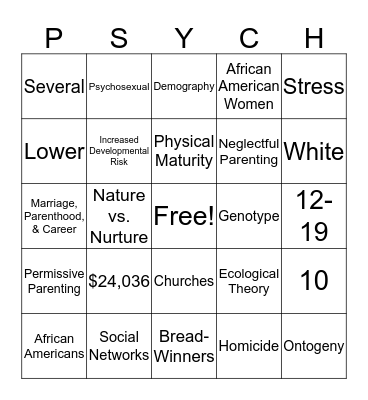 CH. 11 Life-Span Development Bingo Card