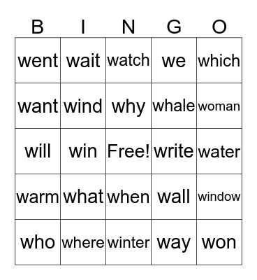 W Words Bingo Card